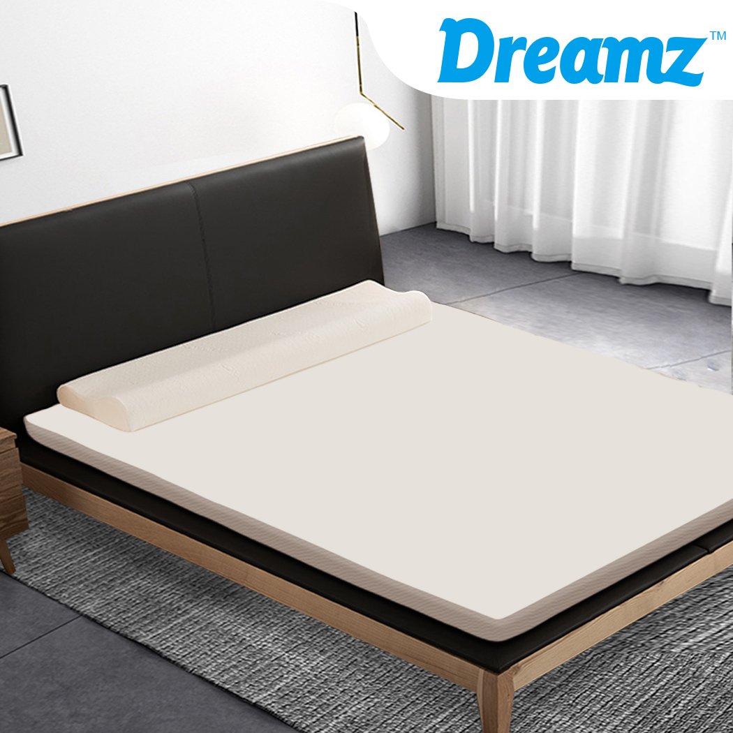 DreamZ 7cm Memory Foam Bed Mattress Topper with polyester underlay cover, showcasing its plush design and removable jacquard cover.